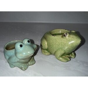 Pair Of Green Frog/Toad Figurines Indoor/Lawn Garden Ceramic Sculpture Decor